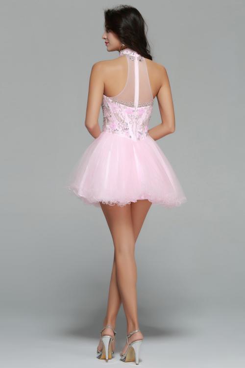 Sparkling Beaded Sleeveless High Neck Blushing Pink Tulle Short Prom Dress　