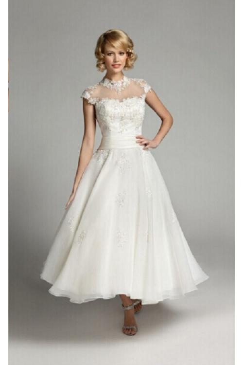 Tea Length Cap Sleeved Lace Detailling Short Organza Wedding Dress 