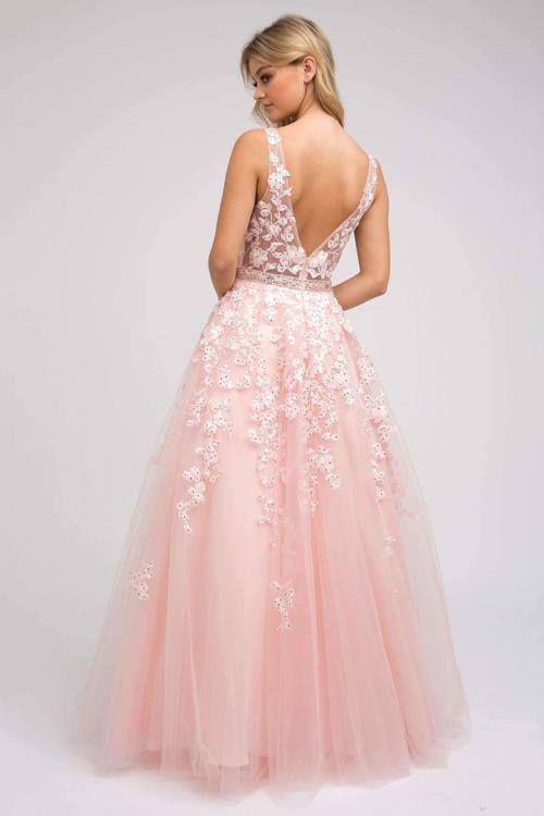  A-line V-neck Sleeveless Lace Appliques Beading Tulle Floor-length Tulle Prom Dress