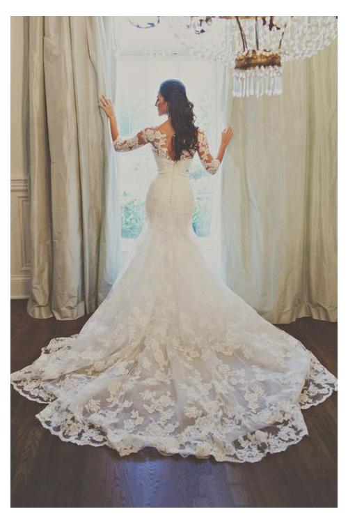 3/4 Long Sleeved Bateau Neck Mermaid Lace Wedding Dress