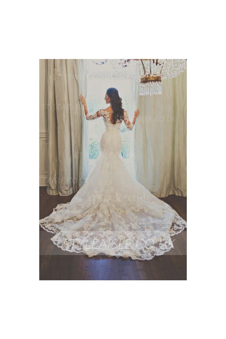 3/4 Long Sleeved Bateau Neck Mermaid Lace Wedding Dress