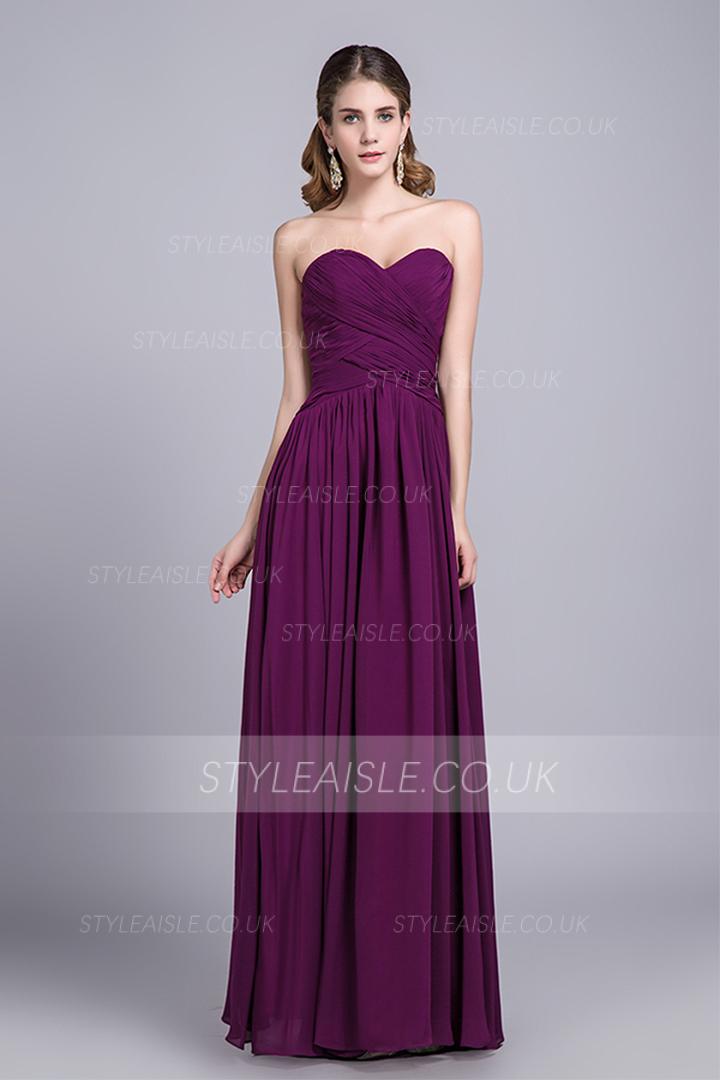 Simple Sweetheart Sleeveless Ruching Floor length Long Chiffon Bridesmaid Dress