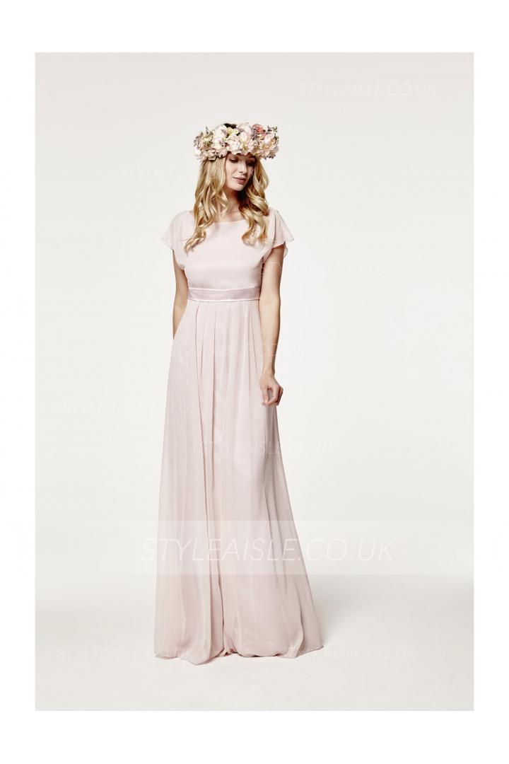  A-line Bateau Sleeveless Sashes/Ribbons Long Chiffon Bridesmaid Dress