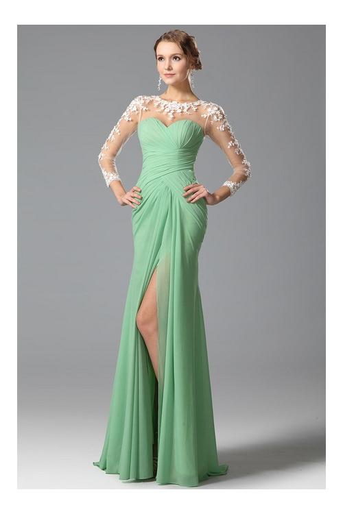  long sleeve lacy looks ruching sweep/brush train split chiffon evening dresses long