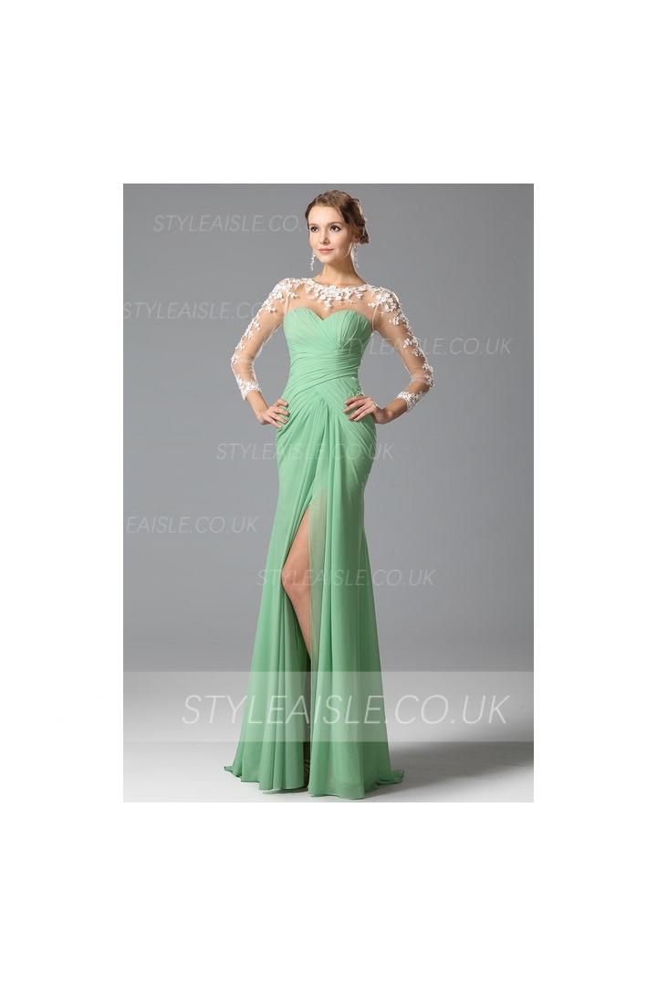  long sleeve lacy looks ruching sweep/brush train split chiffon evening dresses long