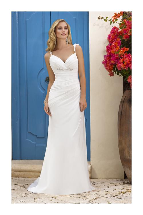 Elegant A-line Spaghetti Straps Beading Cascading Ruffles Sweep/Brush Train Chiffon Wedding Dresses 