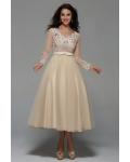 Long Sleeve Lace Tea Length A-line Champagne Tulle Short Prom Dress with Ribbon 