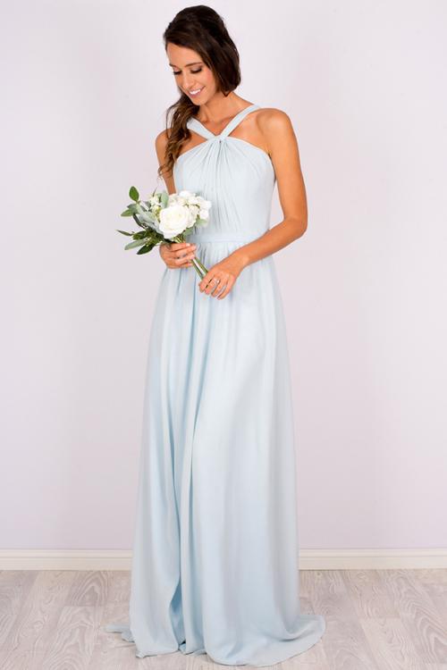 Sleeveless One Shoulder Halter Twisted Long Light Sky Blue Chiffon Bridesmaid Dress