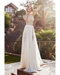 Beaded High Neck Lace Pattern Bodice Split Backless Chiffon Prom Dress