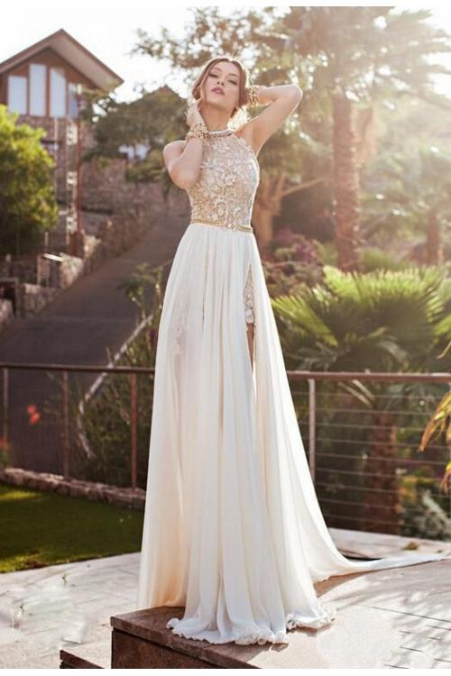 Beaded High Neck Lace Pattern Bodice Split Backless Chiffon Prom Dress