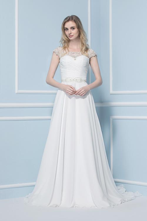  A-line Bateau Short Sleeve Beading Sweep/Brush Train Wedding Dresses