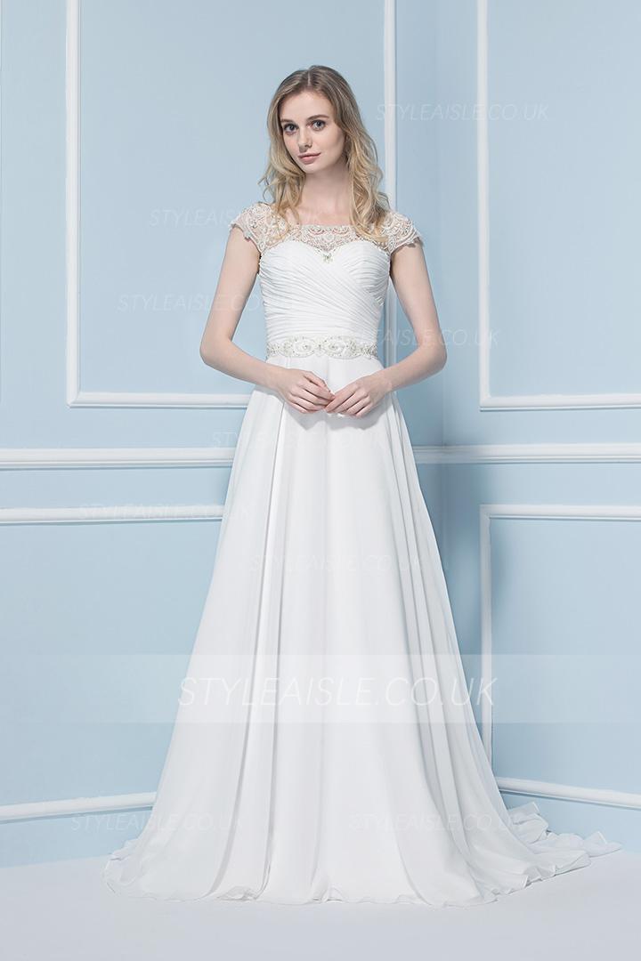  A-line Bateau Short Sleeve Beading Sweep/Brush Train Wedding Dresses