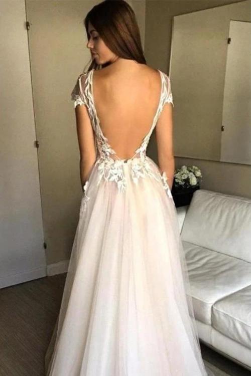 Illusion Neck Cap Sleeve Lace Appliques Backless Split Sweep-Train Long Tulle Prom Dress