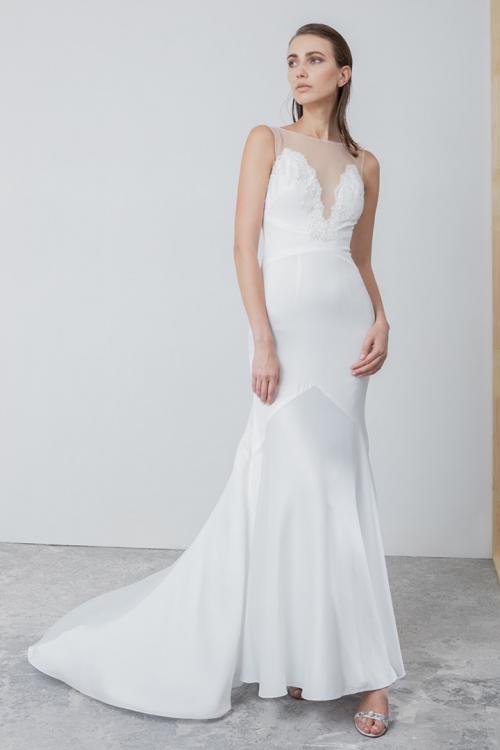 Simple Column Illusion Neck Sleeveless Beading Lace Court Train Long Satin Wedding Dresses