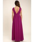 Deep V Neck Sleeveless A-line Long Fuchsia Chiffon Bridesmaid Dress