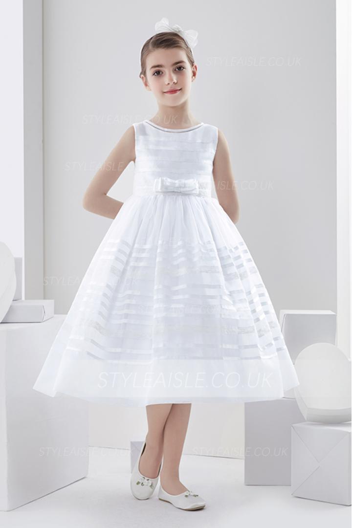 Sleeveless Ball Gown Organza Tea Length First Communion Dress with Bow 