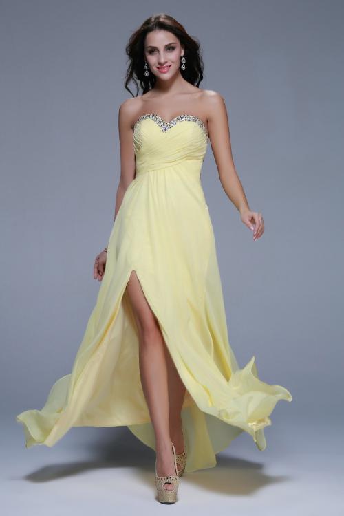 Strapless High Slit Beading A-line Daffodil Chiffon Prom Dress 