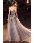  A-line Bateau Neckline Sleeveless Lace Appliques Floor-length Long Tulle Prom Dresses