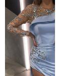  Sheath/Column Scoop Neckline One Sleeve Beading Split Sweep Train Long Satin Prom Dresses