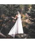 Illusion Back Lace Top Long Tulle Rustic Wedding Dress with Ribbon 