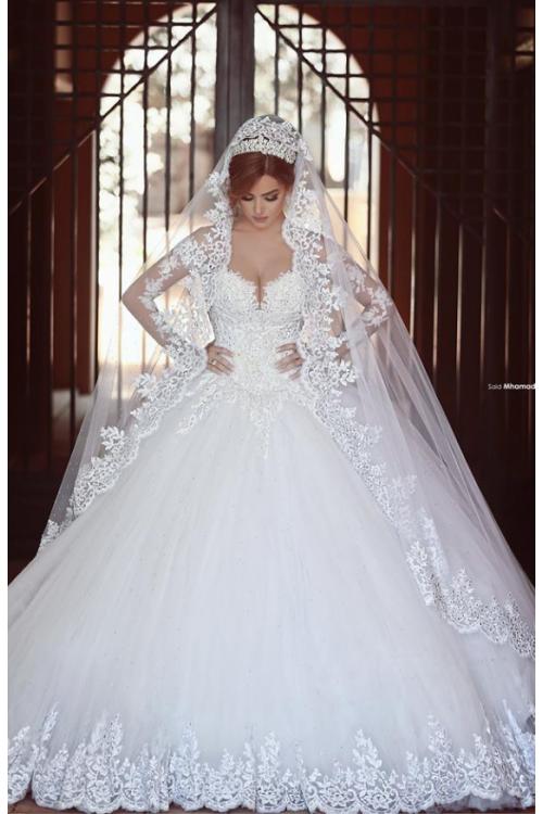 Modest Arabic Ball Gown Long Sleeve Lace overlat Tulle Wedding Dress 