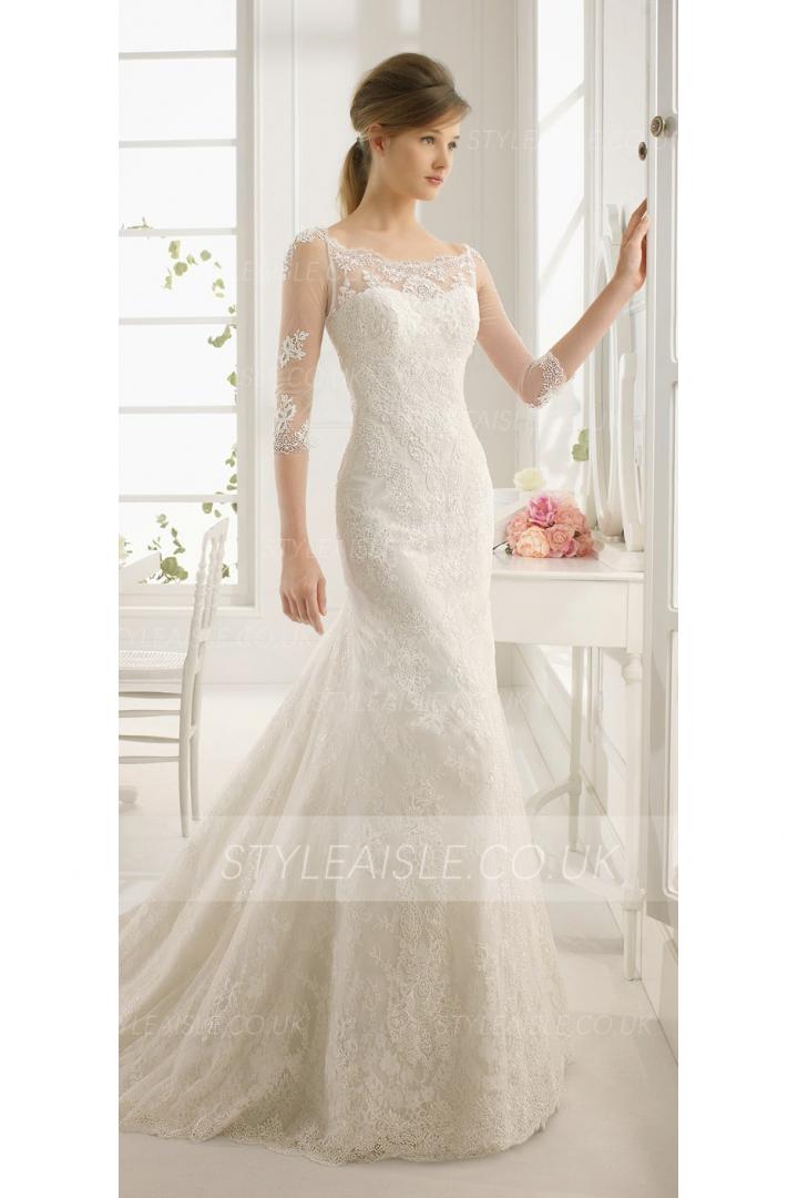 3/4 Sleeved Patterned Fit Flared Lace overay Tulle Wedding Dress 