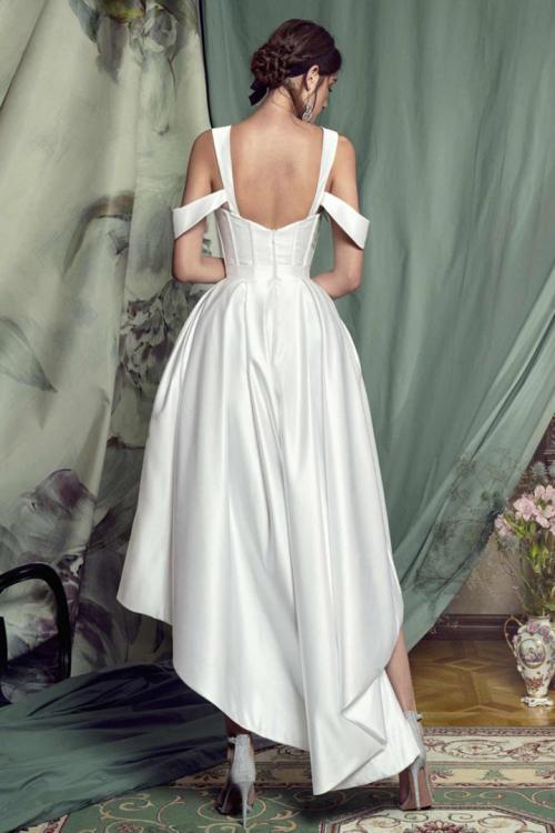  A-line Shoulder Straps Bows Asymmetrical/High Low Long Satin Wedding Dresses with Pockets 