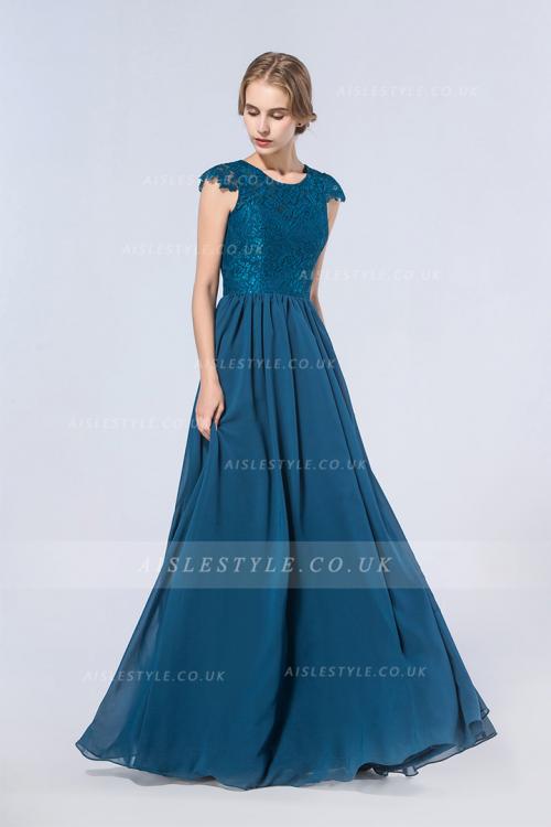 Exquisite Lace Bodice Cap Sleeved Long Chiffon Bridesmaid Dress 