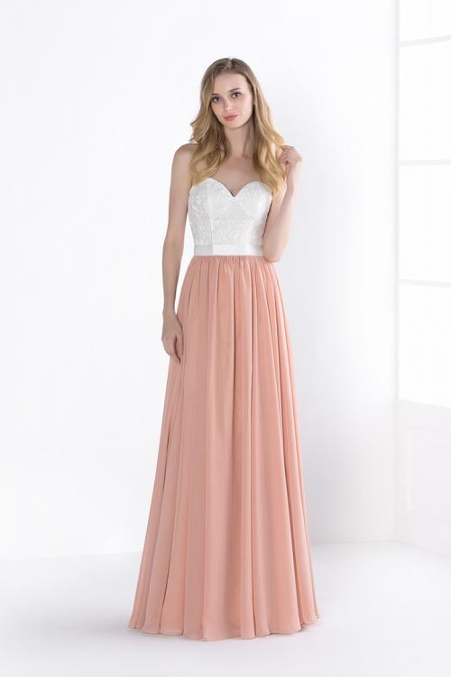 Long Strapless Sweetheart Lace Coral Chiffon Bridesmaid Dress