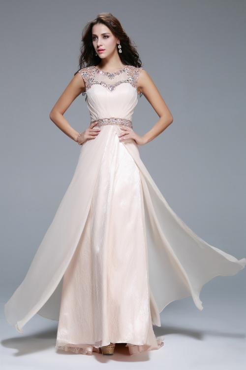 Beading Illusion Neck Full Back Beading A-line Long Chiffon Prom Dress 