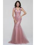 Sparkling Beaded Shoulder Straps Beading A-line Rose Pink Tulle Prom Dress 