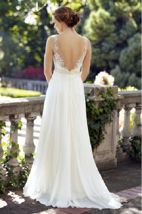 Illusion Neck Sleeveless Lace Bodice A-line Chiffon Wedding Dress with Ribbon 