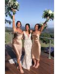  Sheath/Column Spaghetti Straps Sleeveless Tea-length Long Charmeuse Bridesmaid Dresses