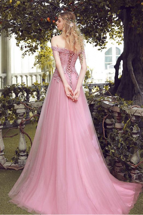 Off Shoulder Lace Embroidery Long A-line Pink Tulle Prom Dress Lace Up