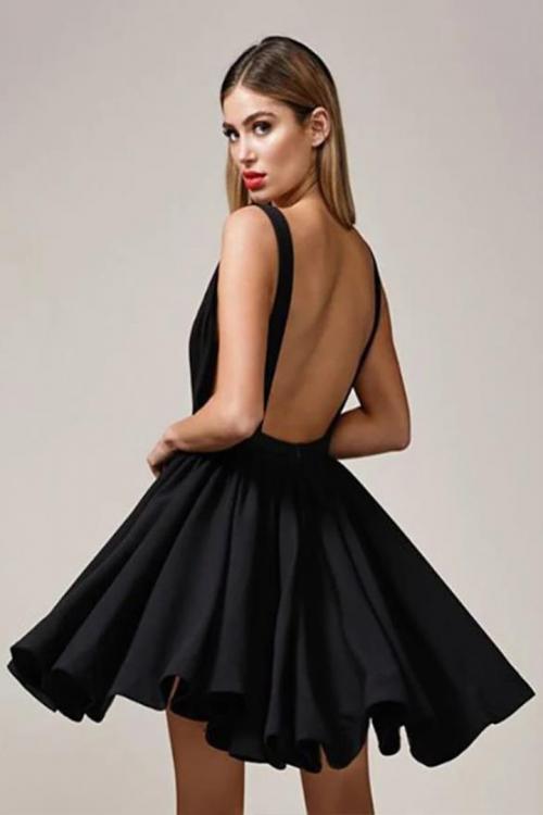  A-line Deep V-neck Sleeveless Mini Short Satin Cocktail Dress Sexy Little Black Dresses