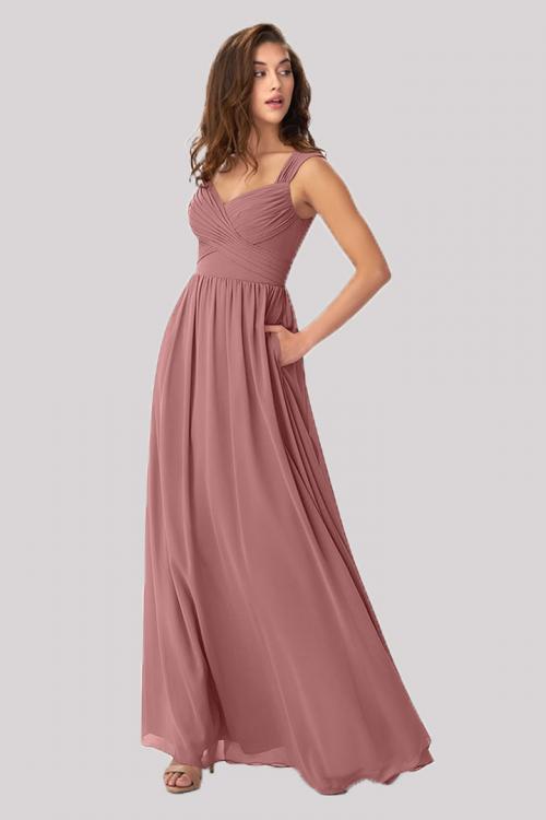  A-line Shoulder Straps Sleeveless Ruffles Floor-length Long Chiffon Bridesmaid Dresses with Pockets