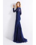 Long Sleeves Lace Appliques Navy Blue Mermaid Prom Dress