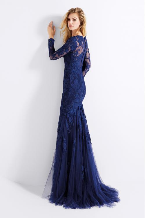 Long Sleeves Lace Appliques Navy Blue Mermaid Prom Dress
