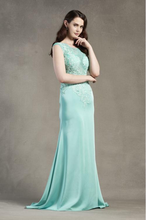 Sleeveless Illusion Neck Lace Appliques Sheath Long Satin Chiffon Prom Dress 