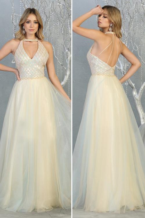 Chic A-line Halter&V-neck Beading Sequins Floor-length Long Tulle Prom Dress