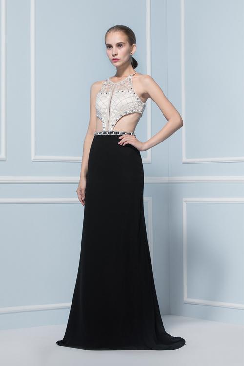 Halter Neck Beading Cut Out Long Black Chiffon Prom Dress 