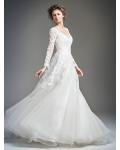 V Neck Lace Appliques Bodice A-line Organza Wedding Dress 
