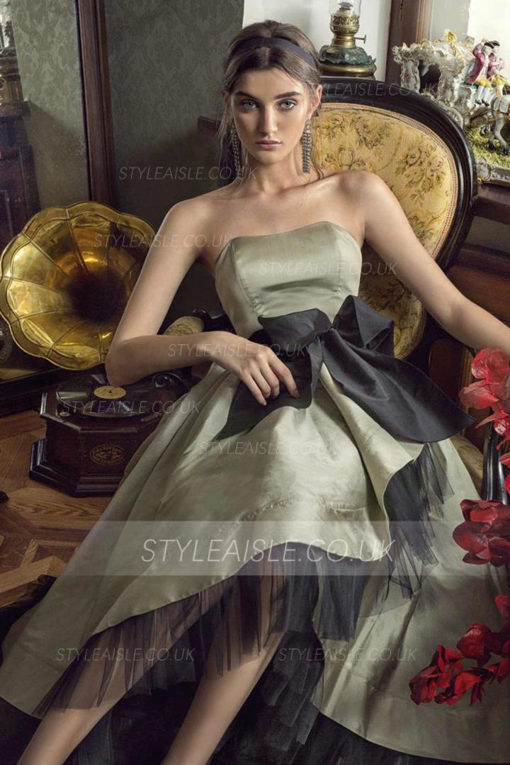  A-line Strapless Sleeveless Bow(s) Asymmetrical/High Low Long Taffeta Prom Dress