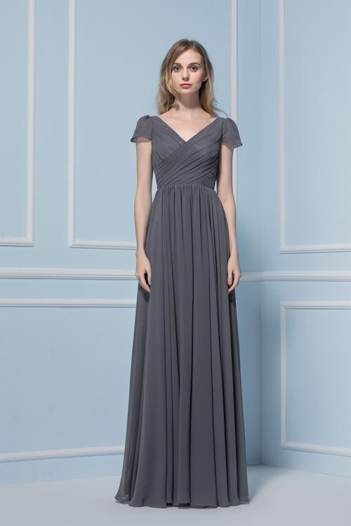 Beautiful Short Sleeved Long Grey Chiffon Bridesmaid Dress 