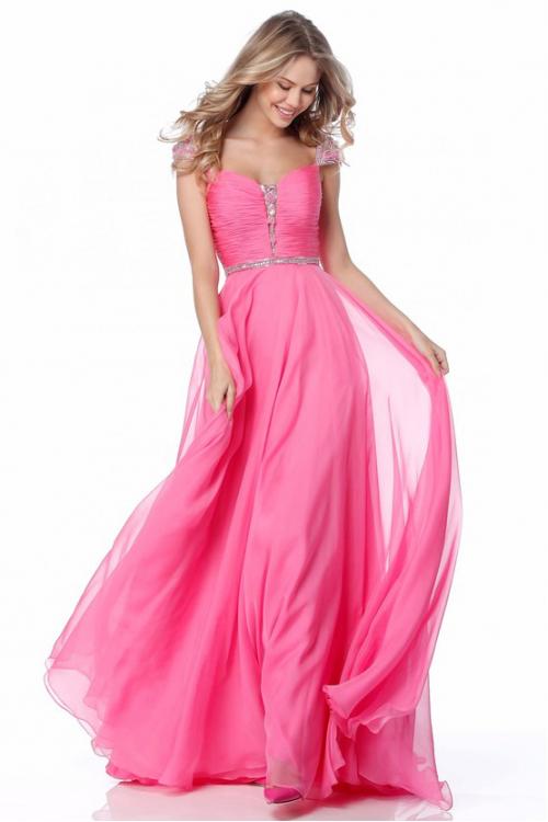 Crystal Beaded Cap Sleeves A-line Long Chiffon Prom Dress