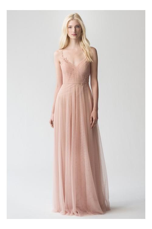 Sleeveless V Neck A-line Long Blush Tulle Bridesmaid Dress with Lace Appliques