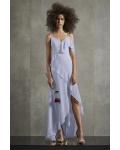  A-line Spaghetti Straps One Sleeve Ruffles Split Asymmetrical/High Low Long Chiffon Bridesmaid Dresses with Ribbon