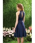 Navy Blue Lace Bodice A-line Knee Length Chiffon Bridesmaid Dress with Ribbon