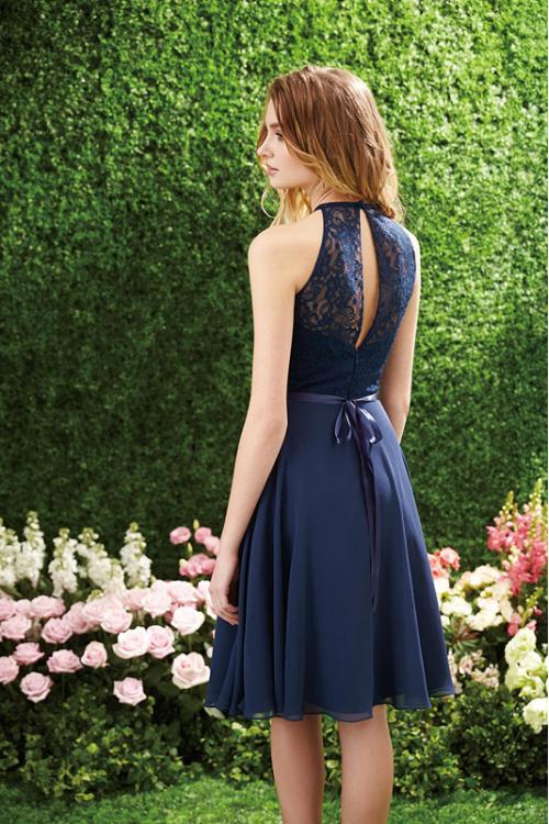 Navy Blue Lace Bodice A-line Knee Length Chiffon Bridesmaid Dress with Ribbon