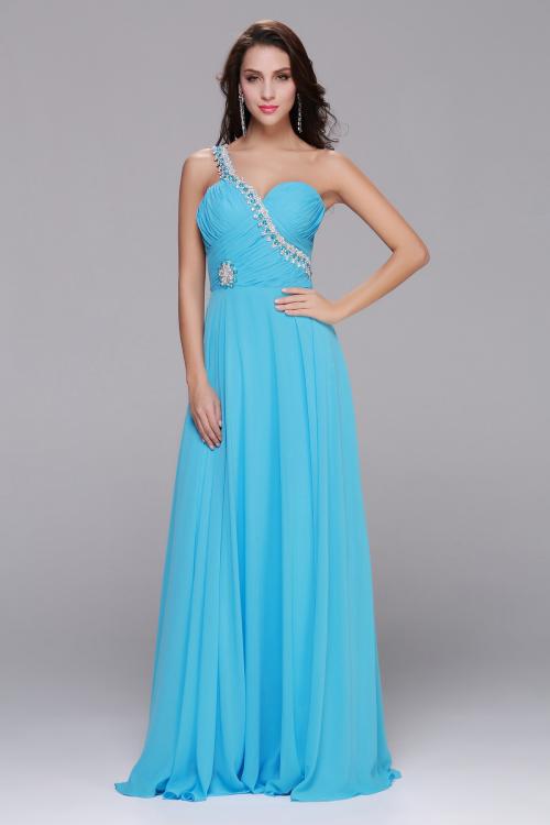 Sleeveless One Shoulder Beading Long Blue Chiffon Prom Dress 